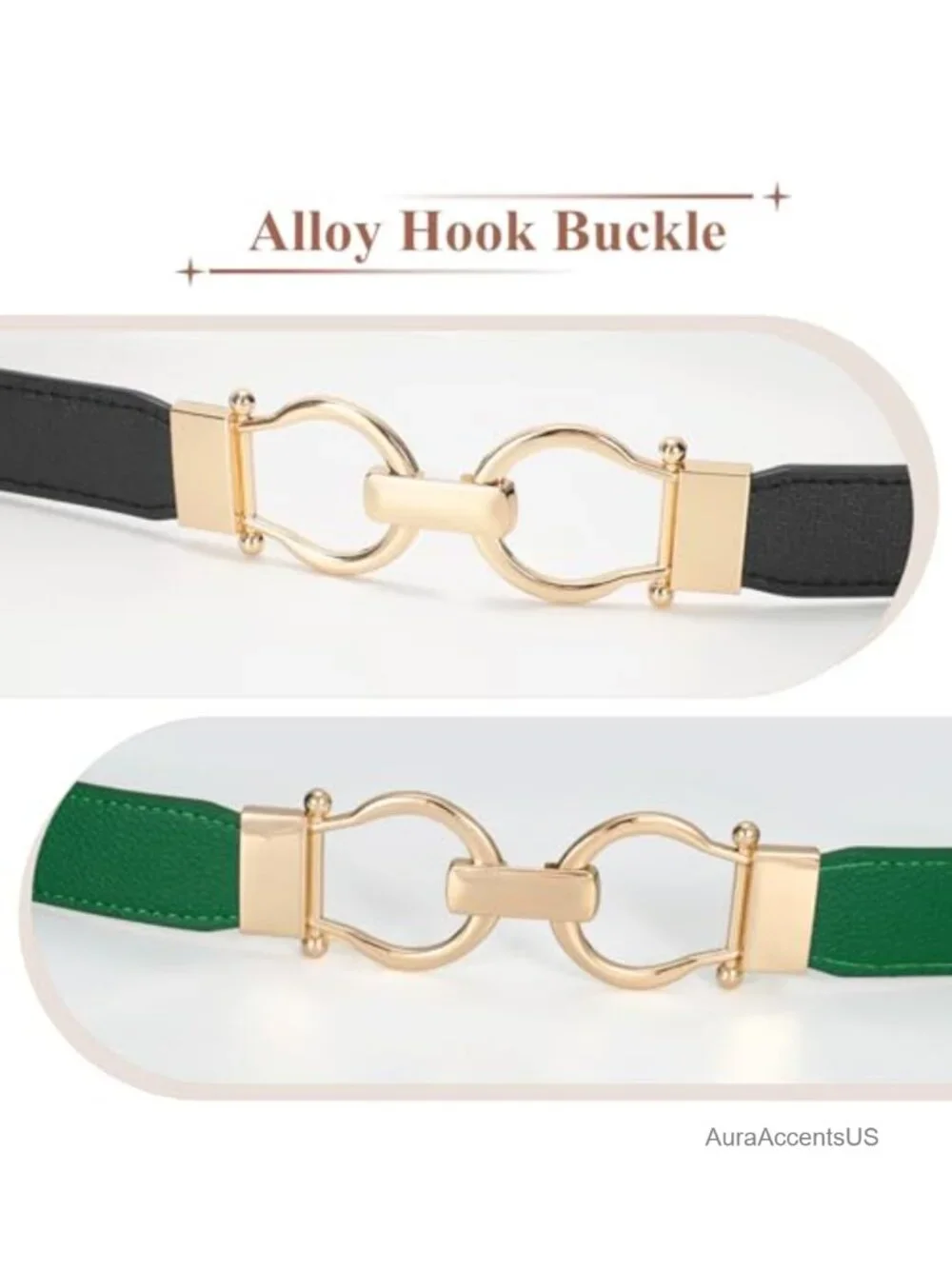 2 Pack Skinny Stretch Elastic Belts with Gold Hook Buckle
